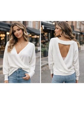 Express White Ribbed V-Neck Sweater with Open Back